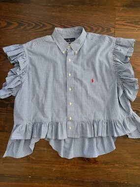 Ralph Lauren Blue & White Gingham Ruffle Button-Up Shirt.